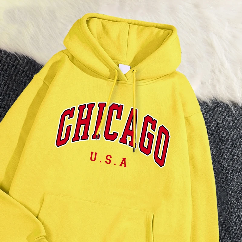 Casual Woman Hoodie Chicago Usa City Letter Graphic Printing Pullover Fleece Comfortable Pocket Sweatshirt Autumn Streetwear