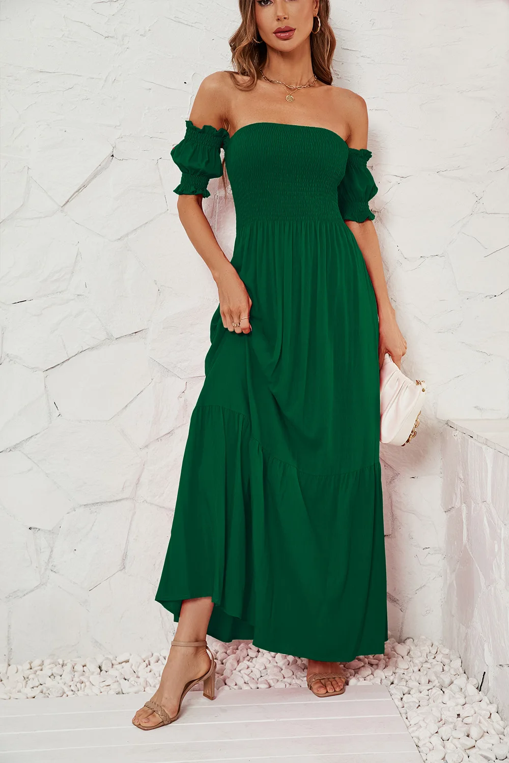 

Summer Dress Woman 2025 Casual Solid Green Color Off-Shoulder Holiday Long Dress Beach Dress For Women