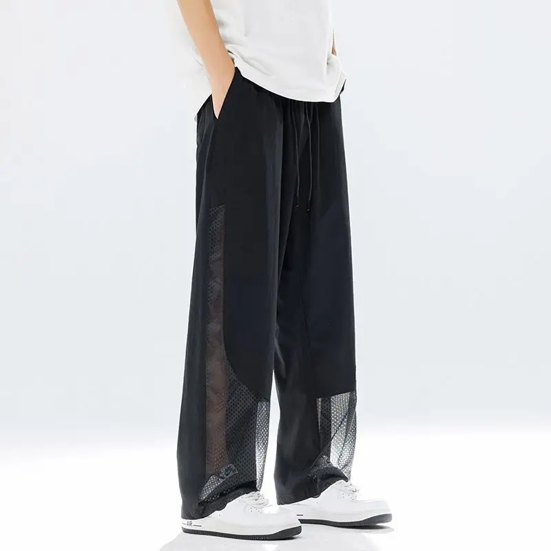 Men Fashion Quick Dry Pants Breathable Mesh Hollowed-out Casual Letter Print Pants Anti-mosquito Lightweight Straight Sweatpants