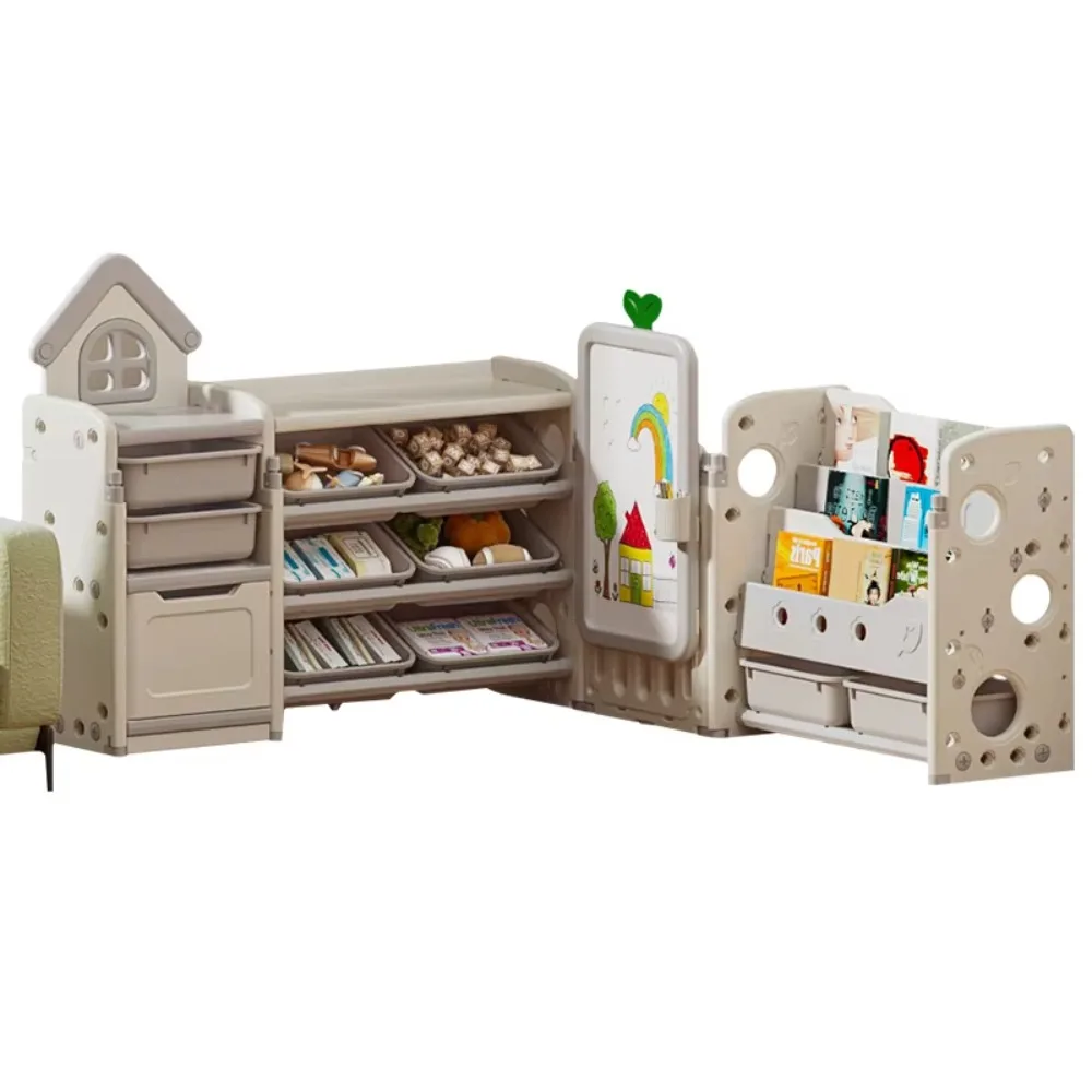 Kids Multi-Functional Bookshelf Toy Storage Rack with Drawing Board, Foldable Plastic Organizer Cabinet for Toddlers Room