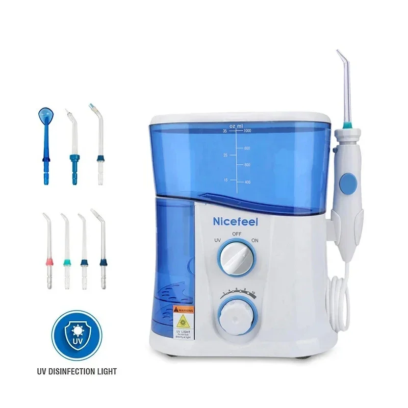 Irrigador portátil con función de desinfección UV, juego de enjuague bucal, limpieza de dientes, mejora la circulación de las encías, 7 boquillas, chorro de agua ajustable