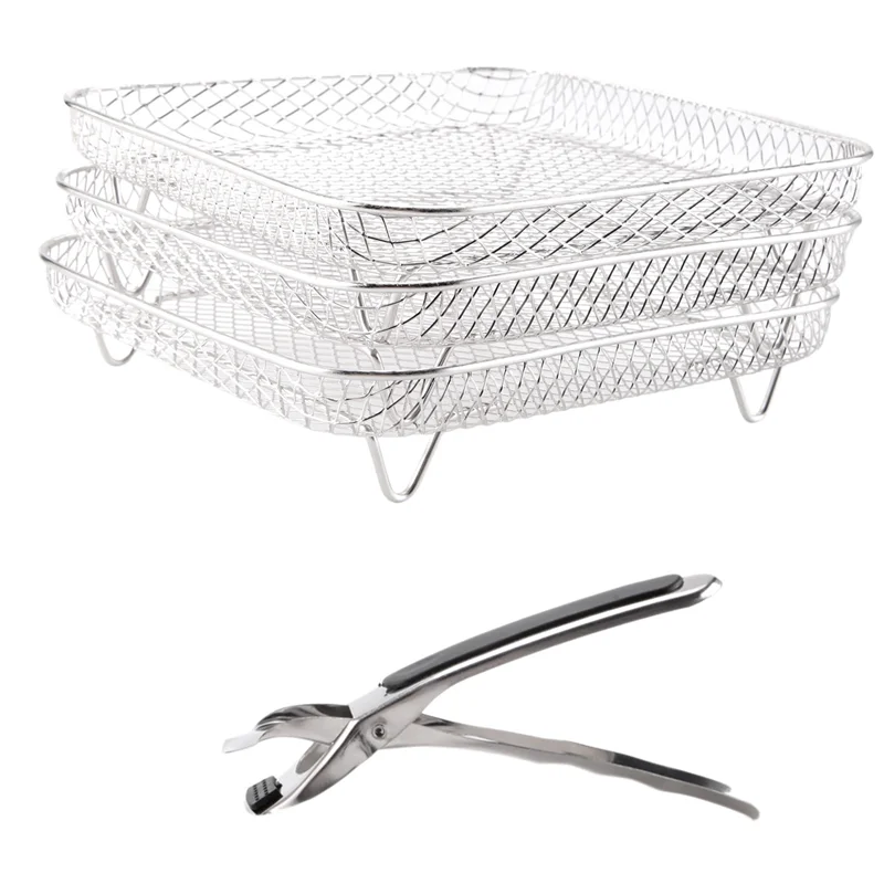 

8 Inch Air Fryer Rack Square Three Stackable Racks,Stainless Steel Multi-Layer Dehydrator Rack,Air Fryer Accessories-A36R