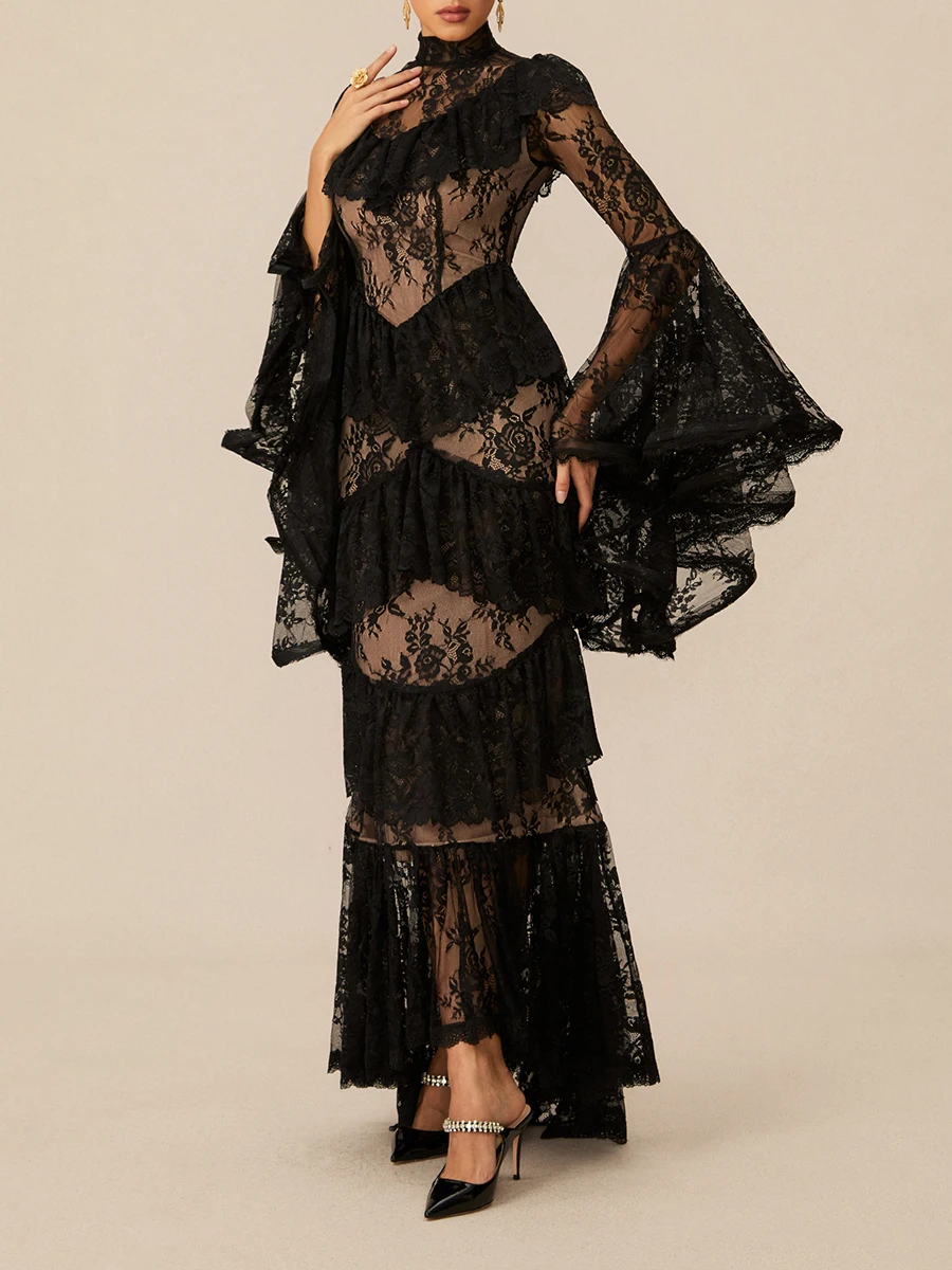 TWOTWINSTYLE, vestidos elegantes lisos de encaje empalmado para mujer, cuello levantado, mangas largas, retazos, volantes, pliegues, vestido femenino nuevo