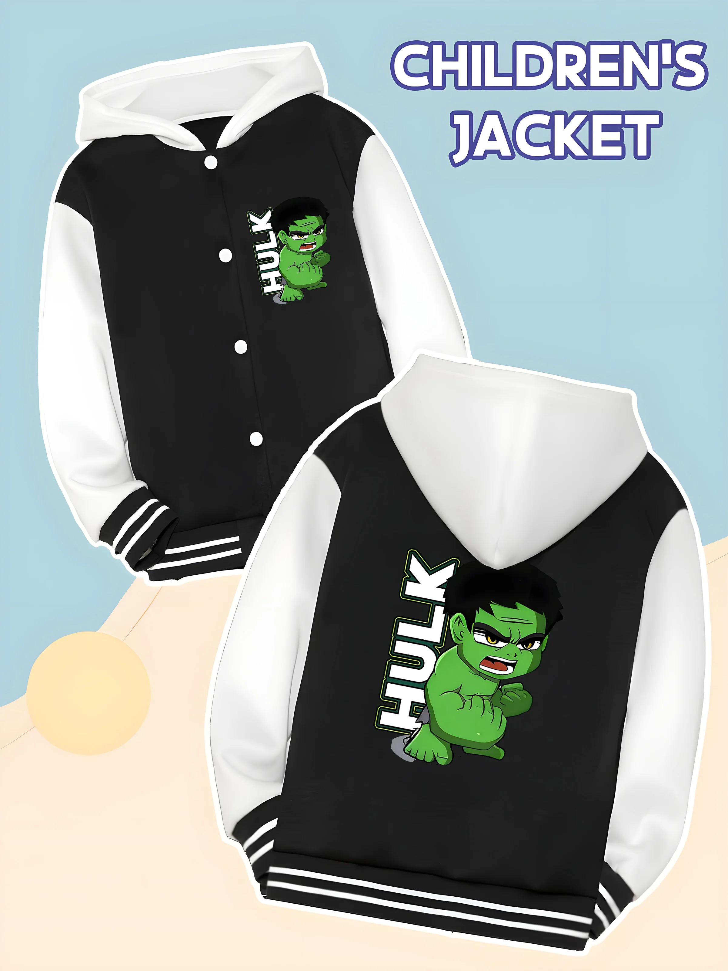 

MINISO Marvel Boys' Baseball hooded Jacket - Double-sided "BABY HULK" graphic, soft fabric