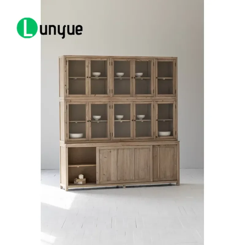Recycled Pine Mobile Solid Wood Kitchen Wine Cabinet Living Room Display Storage Unit Eco Friendly Furniture for Home Bar