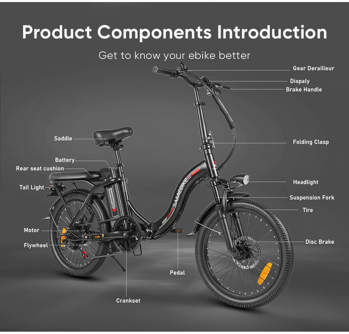Samebike CY20 Faltbares Elektrofahrrad 250W mit 36V 12Ah Herausnehmbarer Akku, 20 Zoll E-Bike für Erwachsene, 7-Gang, 25 km/h und Reichweite bis 40-60km – Detail 11