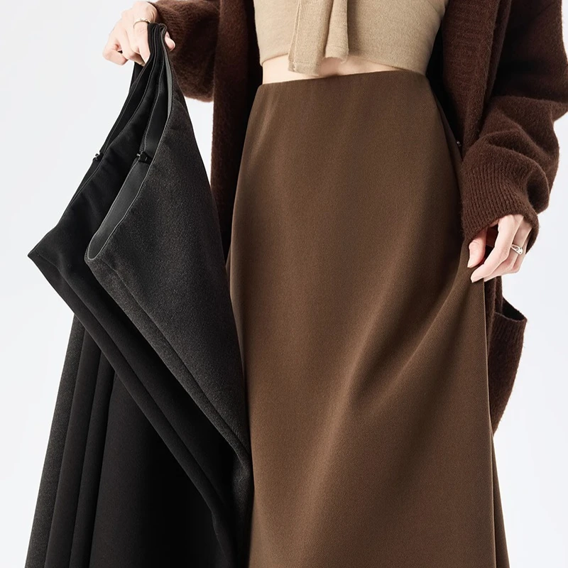 กระโปรงขนสัตว์คุณภาพสูงสำหรับผู้หญิง ฤดูใบไม้ร่วง ฤดูหนาว ดีไซน์หรูหรา ทรงเอ หนา สีดำ กระโปรงผู้หญิง เอวยางยืด ทรงตรง แฟลดาส 2025