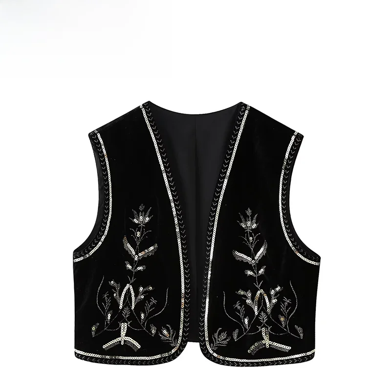 

ZBZA Autumn New Women's Faion Design Velvet Bead Embroidery Vest Versatile Sle Polyester Fiber Material