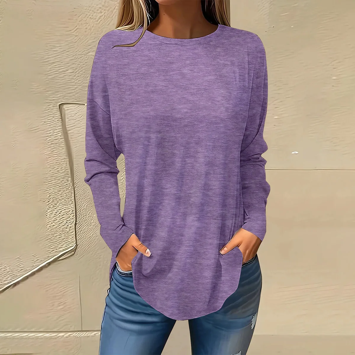 بلوزة نسائية أوروبية وأمريكية أنيقة كاجوال برقبة دائرية وأكمام طويلة بلون سادة #6