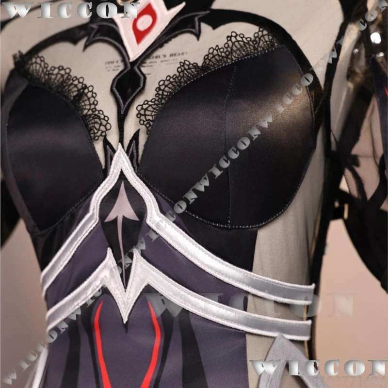 مجموعة كاملة من أزياء رولر أوف ديث رونوفا جينشين إمباكت جيم، فستان أسود وأحمر، شعر مستعار فضي، أغطية رأس حمراء للنساء والفتيات في الهالوين