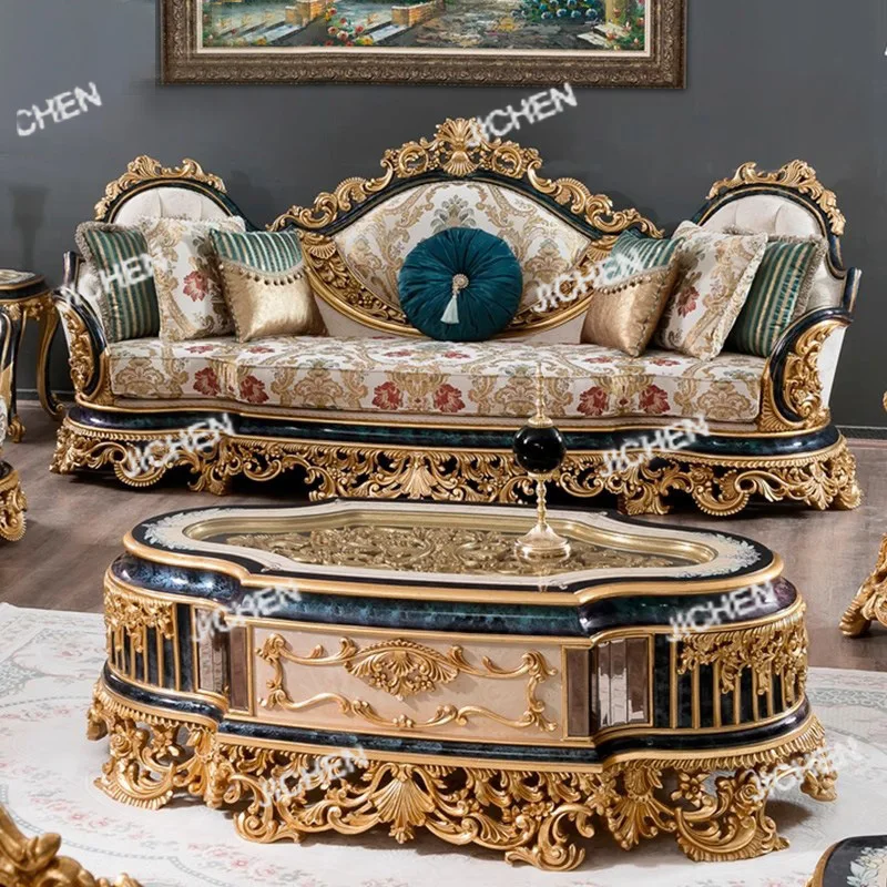 

Французский роскошный полный резной цветочный диван из цельного дерева, европейская гостиная с короной из золотой фольги, тканевый комплект для виллы, элитный диван