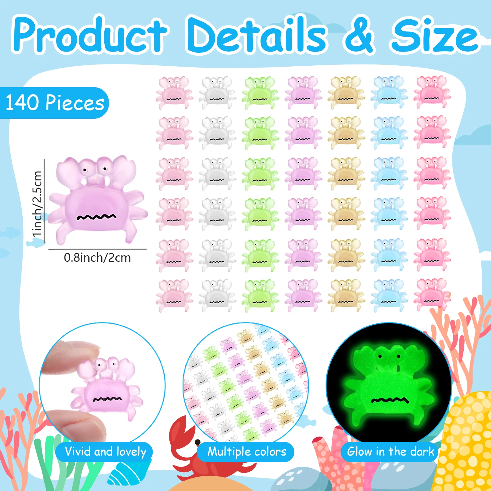 

140Pcs Luminous Mini Resin Crab Figures 7 Colors Little Small Glow In The Dark Lizard Miniature Figures For Dollhouse Aquarium