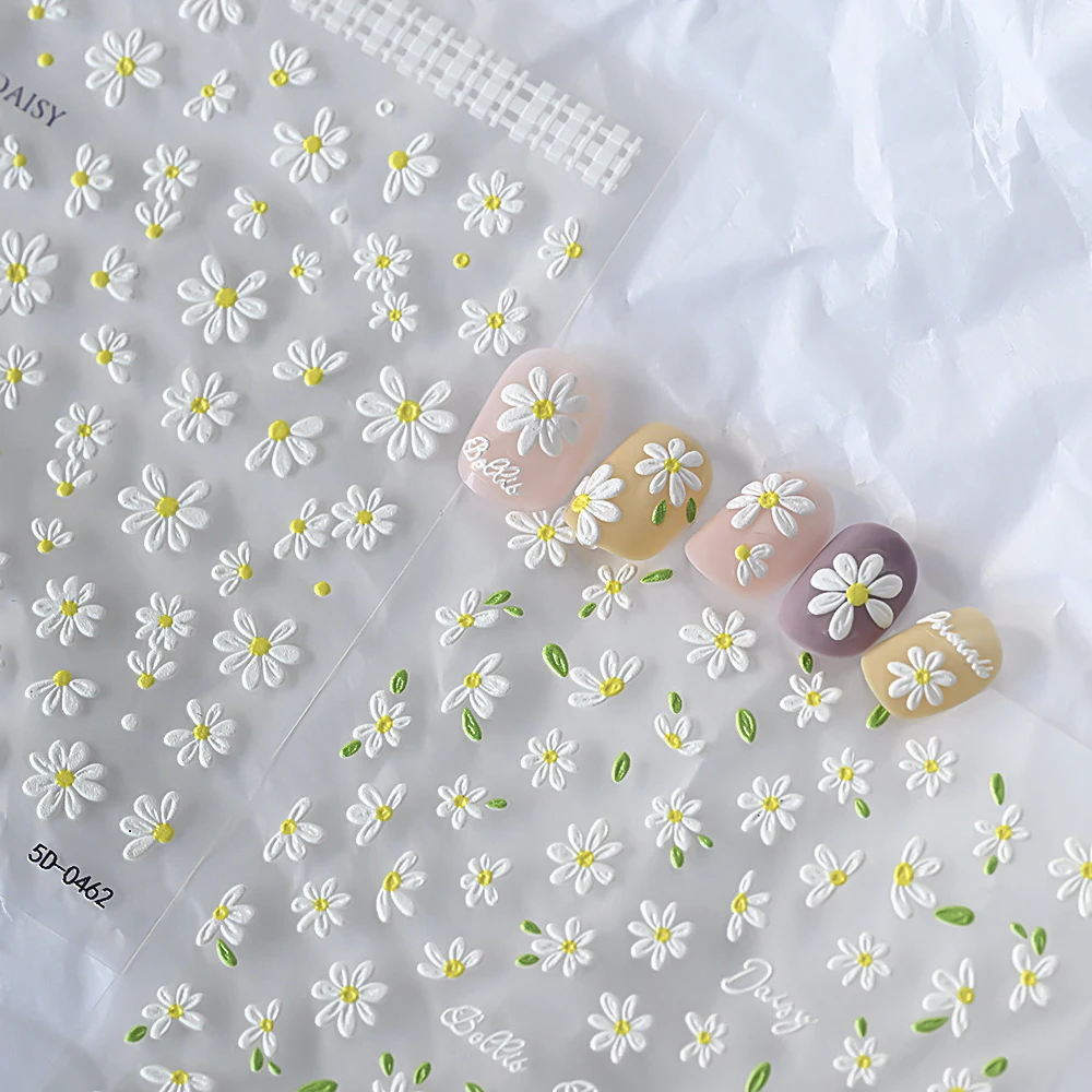 1 stks 5D Reliëf Witte Daisy Nail Art Stickers Bloemblaadjes Bloesem Bloem Zelfklevende Nail Decals Lente Zomer Manicure Decoratie