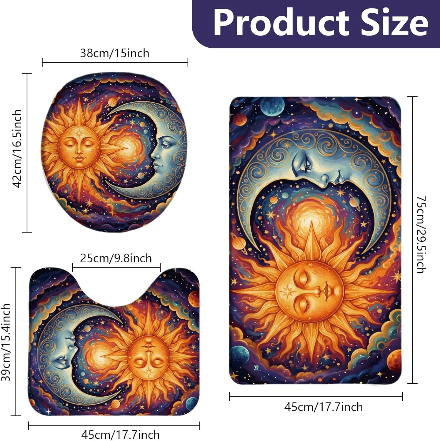 Sun & Moon Bath Mat Set – Cosmic Retro 3-Piece Rug for Bathroom, Toilet Lid Cover & U-Shaped Pad, Non-Slip Washable