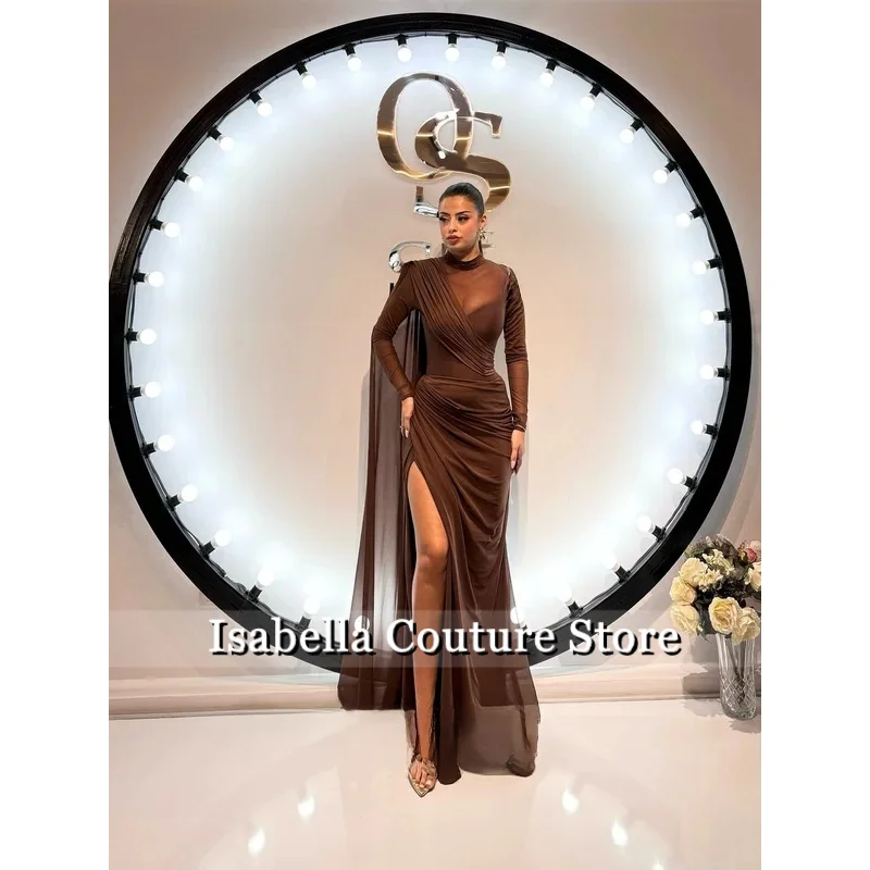 브라운 쉬폰 이브닝 드레스 하이 넥 풀 슬리브 인어 댄스 파티 드레스 섹시한 사이드 슬릿 아라비아 파티 드레스 맞춤형