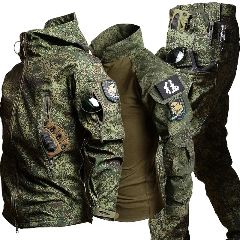 

Military Uniform Hunting Hiking Clothes Men Army Soft Shell Hood Jacket Long Sleeve Swat Tshirts+Multi-pocket Pants Cargo Suits