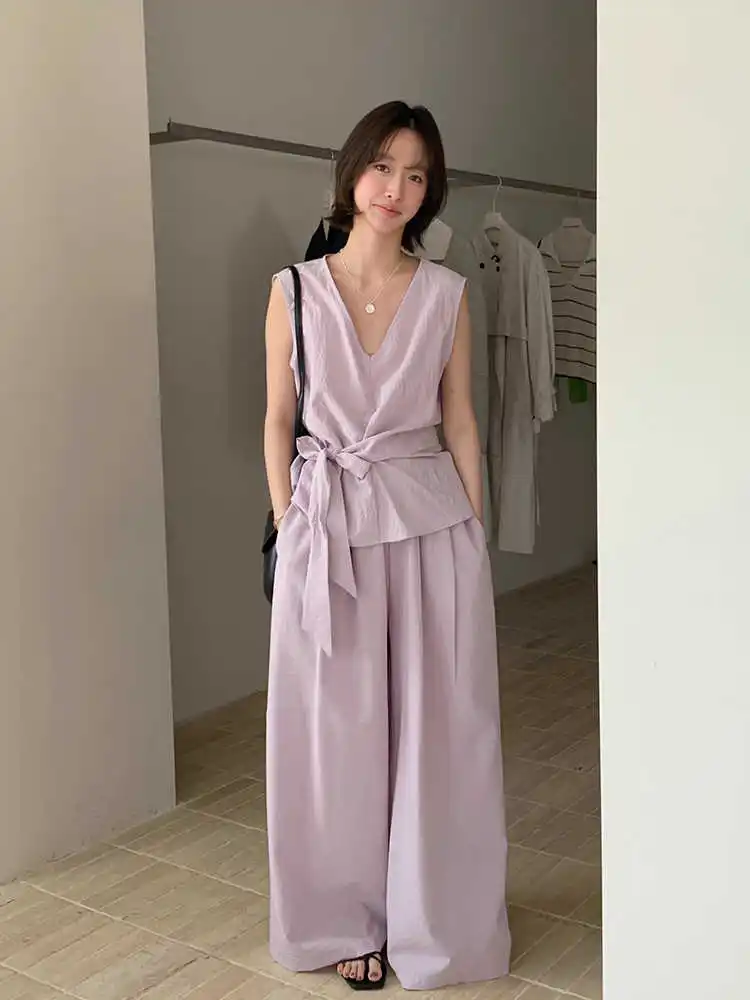 

Clothland Women Elegant Blouse Pants Suit Sashes Sleeveless Shirt Wide Leg Trousers Summer Two Piece Set Mujer TA589