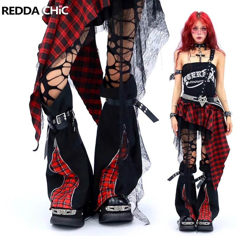 

REDDACHiC двусторонние гетры на молнии, женские гетры Rokku Gyaru, черные джинсовые стежки, клетчатые ремни с ушками, ботинки, чехол, готическая уличная одежда в стиле ретро