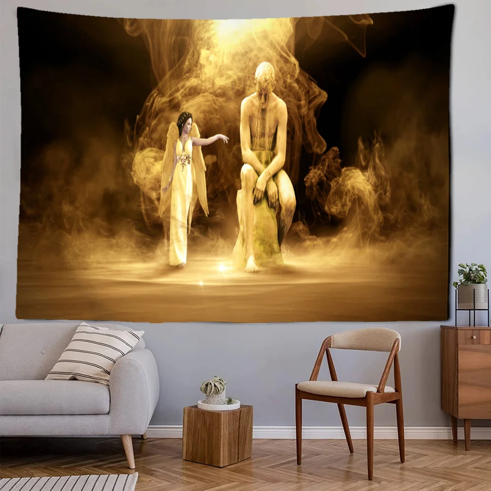 Angel Statue Tapestry Lost Man Fantasy Theology Home Decorations Dark Golden Background Living Room Bedroom Kitchen Wall Hanging