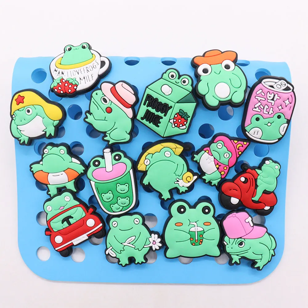 1-15Pcs Lovely Green Frog Drinks PVC Boys Girls Garden Shoes Buckle Charms DIY Backpack Accessories Fit Holiday Gift