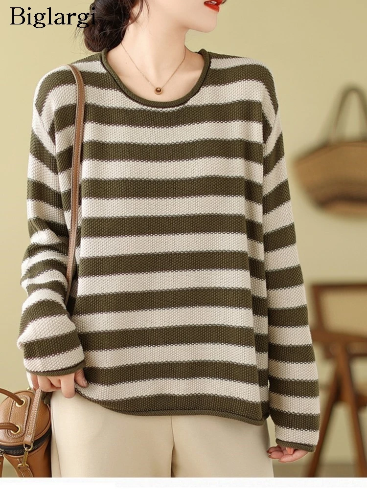 

Knitted Striped Print Autumn Pullover Tops Women Loose Pleated Modis Casual Ladies Sweaters Long Sleeve Woman Oversized Sweaters