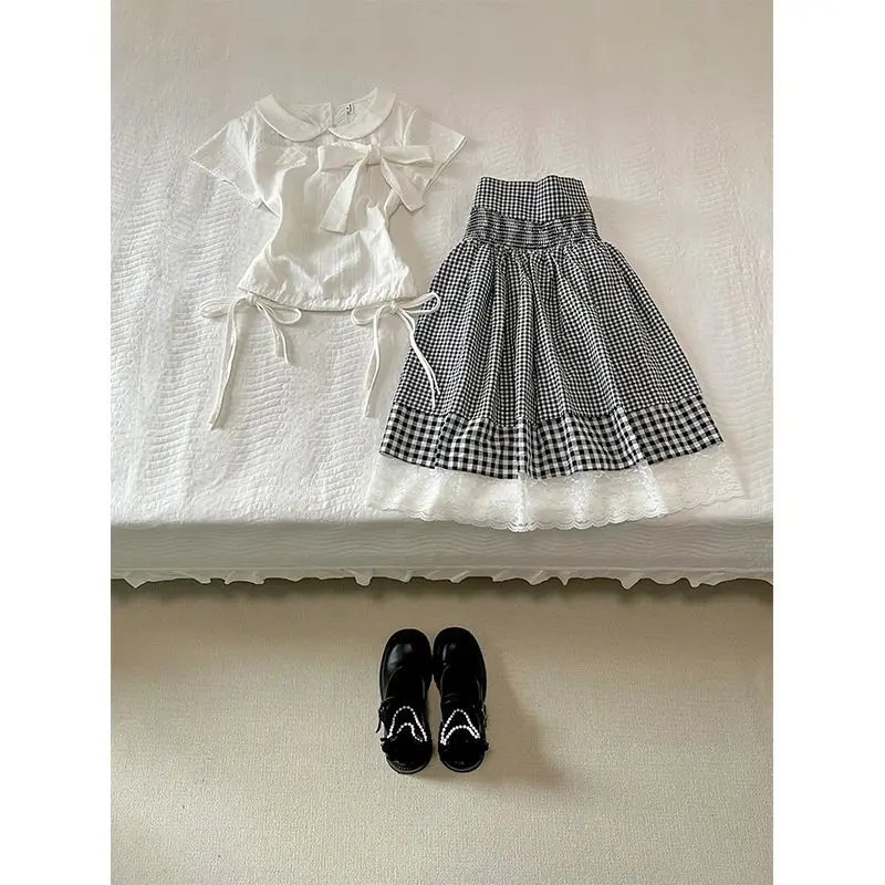 

Korean Chic Plaid Patchwork Outfit Women White Drawstring Top + Midi A-line Skirt Suit Harajuku Vintage 2-piece Set Summer 2025