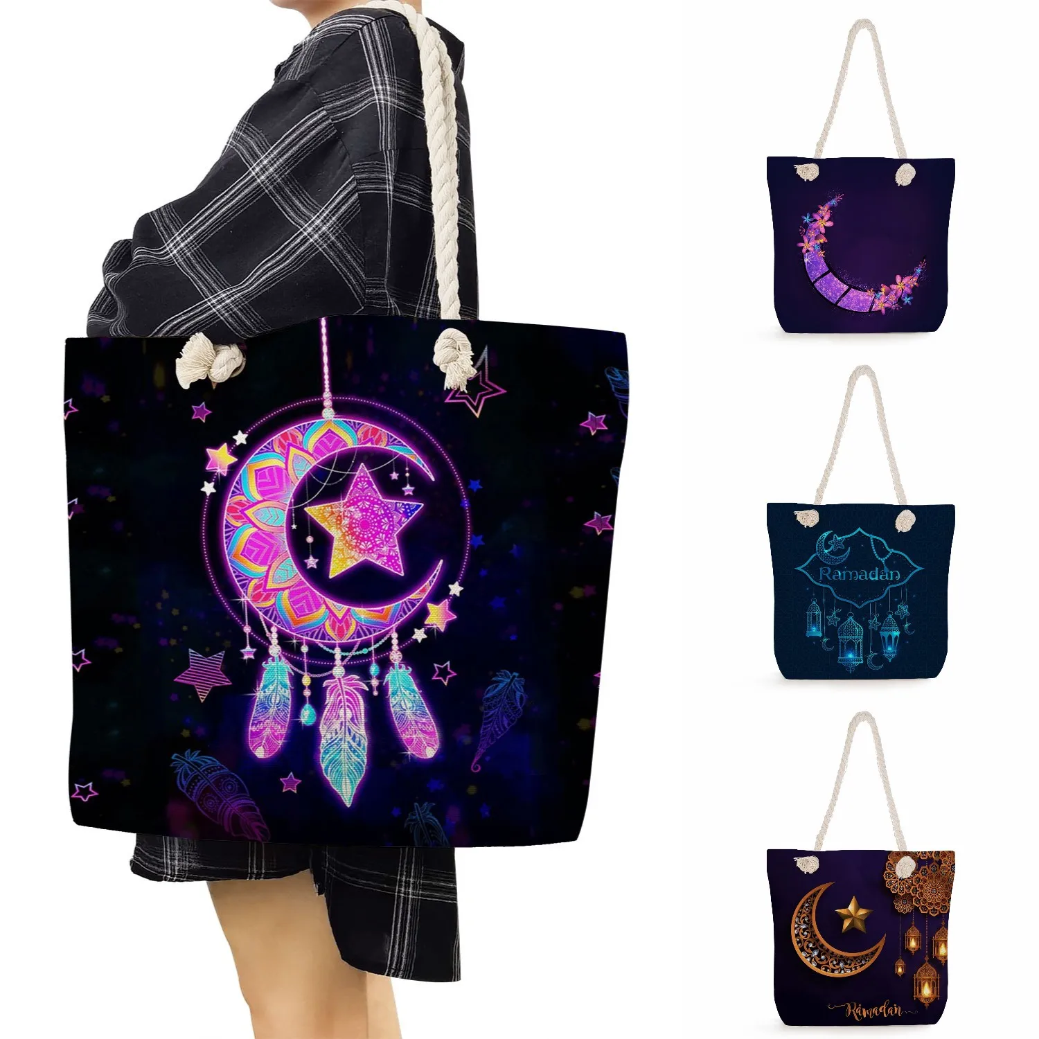 

Ramadan Moon Printed Women Shopping Bags Fabric Shoulder Bags Fashion Handbags High Capacity Thick Rope Travel Beach Totes Bags