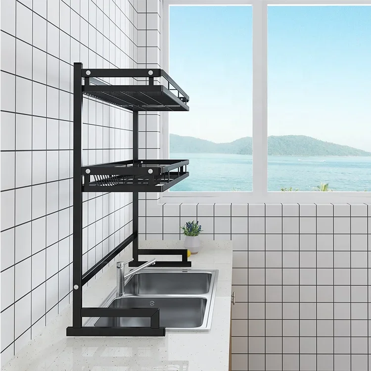 Black Metal Kitchen Storage Racks Basket Organizer Over Sink Dish Drying Rack 85cm 2 Tiers