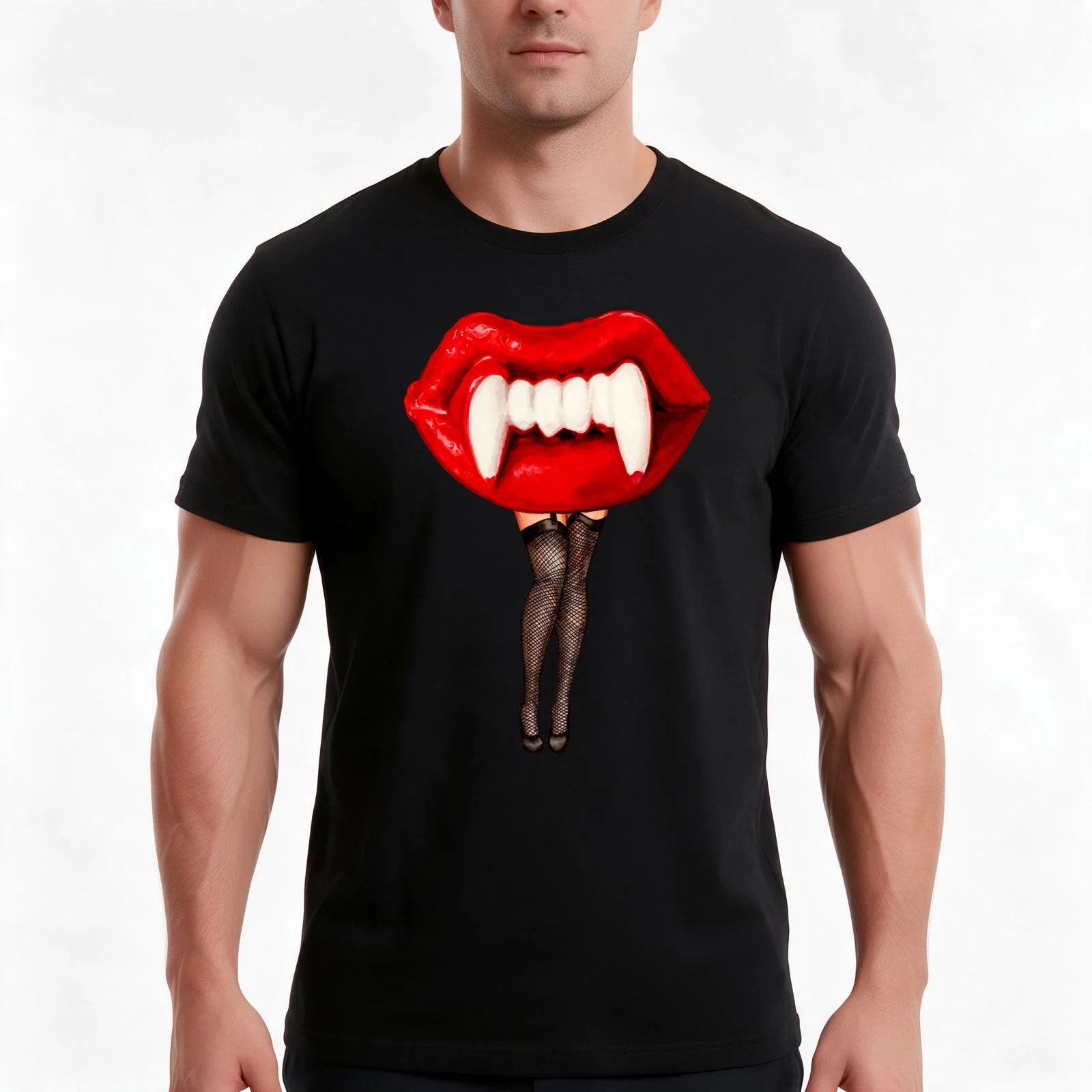 Vampire Wax Lips Pin-Up T-Shirt, Summer Casual Cotton Tee, Oversized Streetwear Tops, Vintage Graphic Print, Unisex Men Women