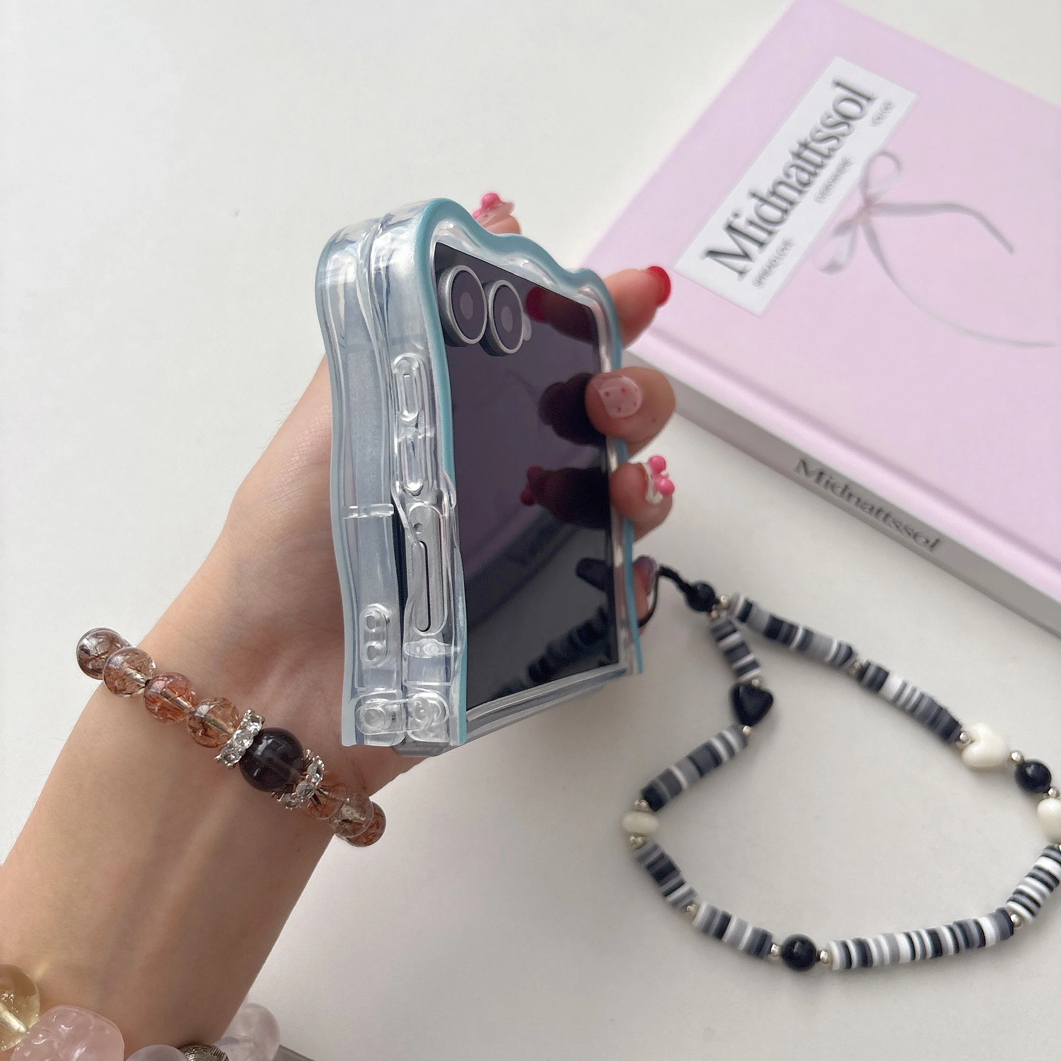 Korean English Cat Phone Case For Samsung Galaxy Z Flip7 6 5 4 3 Cover With Lanyard Wave Phone Cover For Z Flip7 Flip6 Phon Case