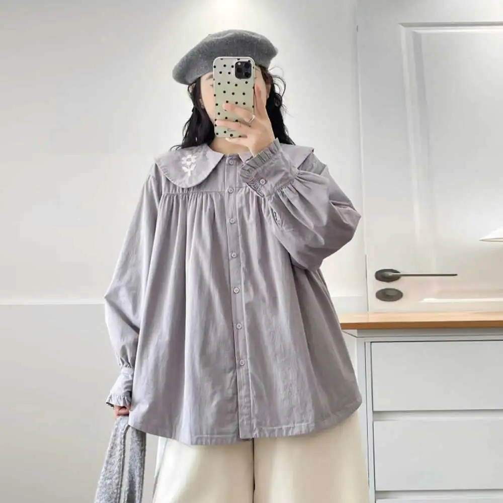 

Women Mori Kei Clothing Floral Embroidery Cotton Padded Shirts Autumn Winter Peter Pan Collar Long Sleeve Casual Loose Blouse