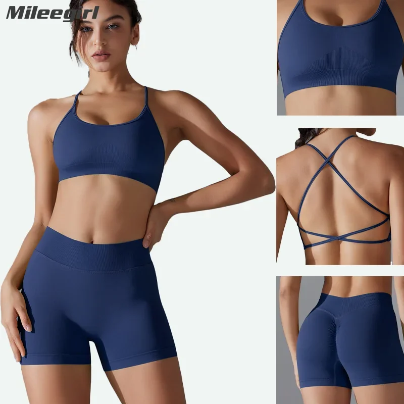 

Mileegirl Seamless Women Yoga Sets 2pcs Cross Back Bra Sports Set Buttocks Gym Fitness Shorts Padded Workout Running Tracksuit