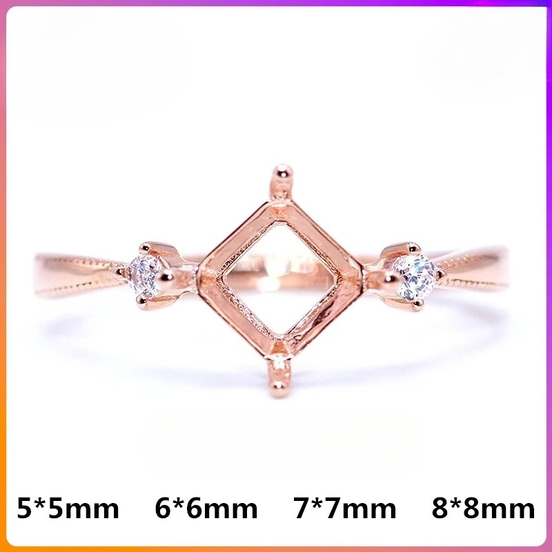 S925 Sterling Silver Princess-Cut Ring Setting Base, Suitable for 5–8mm Square Stones, DIY Jewelry Making Blank for Women