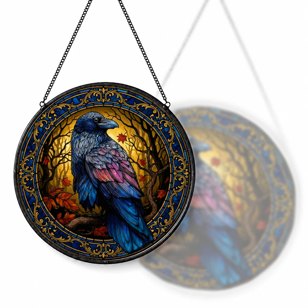 Stained Glass Suncatcher Round Tropical Sunset Beach Palm Tree Hibiscus Flower Window Hanging Decor Home Garden Gift