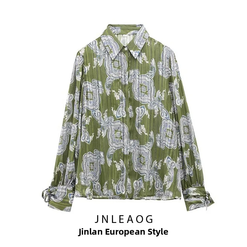 JNLEAOG Autunno delle nuove donne Casual Sle Metal Color Line Stampa irt Loose Fit Poliestere Lungo Sve Stampa floreale Button down