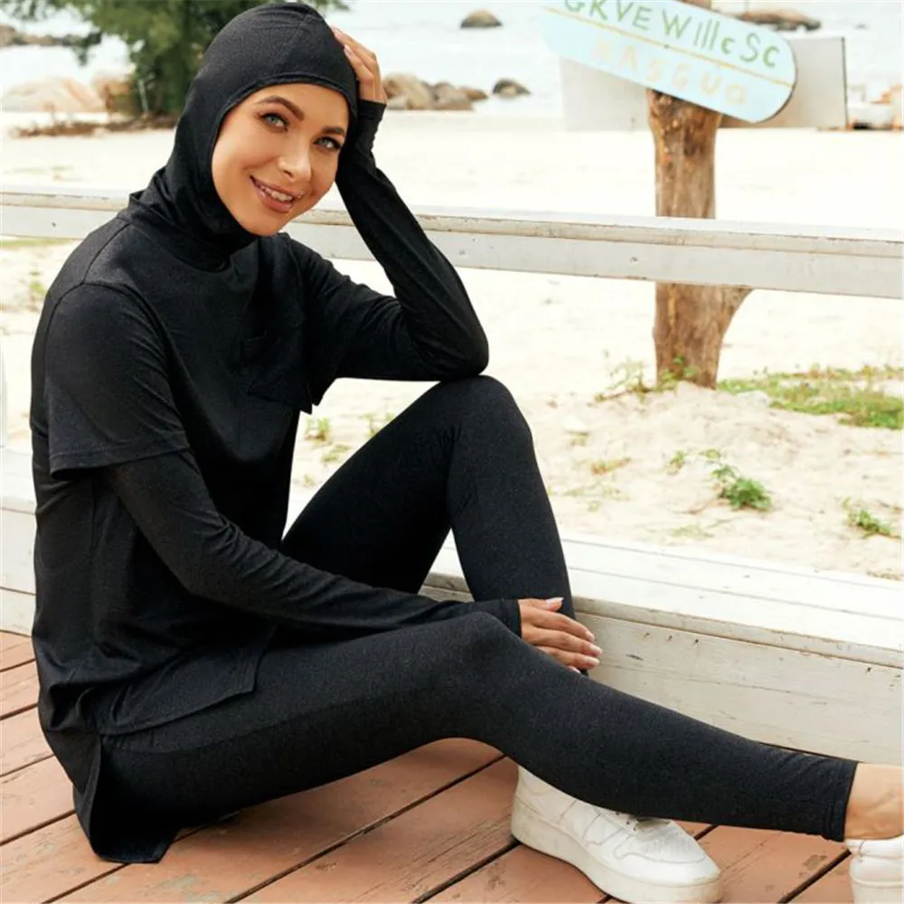 

3pcs Muslim Modest Swimwear Women Full Coverage Surf Suit Long Sleeve Casual Burkini Islamic Sets High Stretch Swimsuit with Cap