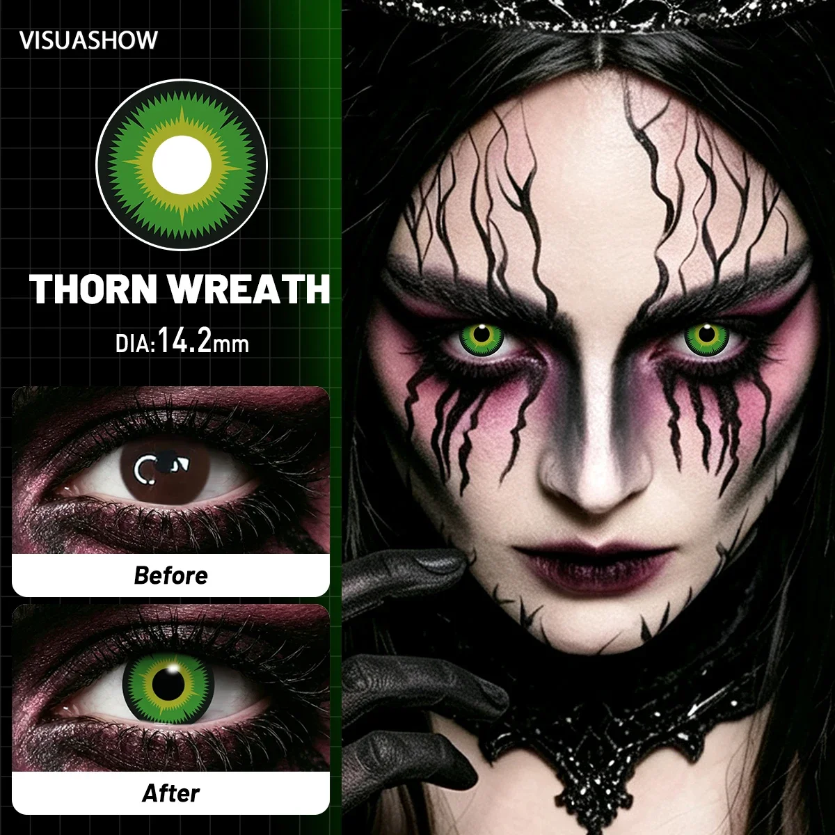 Lalens Grüne Anime-Cosplay-Farbkontaktlinsen, 1 Paar, 14,2 mm, Kosmetiklinsen für Cosplayer, Halloween, Weihnachtsfeier, Kostüm, Augen-Make-up – Detail 28