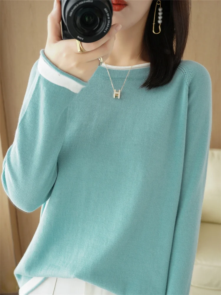 2024 Spring/Summer Round Neck Cotton T-Shirt For Women Rolled Edge Thin Knit Comfortable Base Without Ball SMY C22