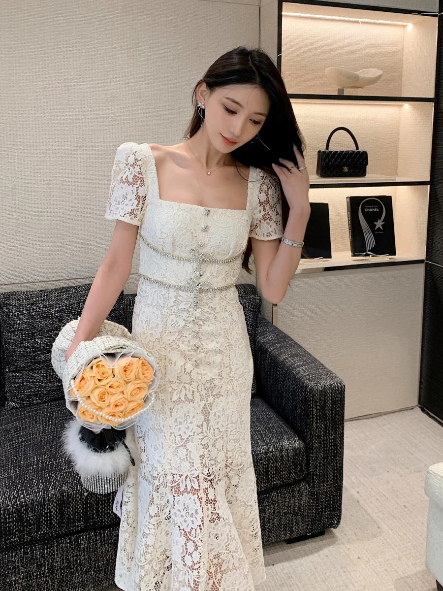 Fashion Square Collar Slim High Waist Dress for Women 2024 Summer New High-End Short-sleeve Elegant Lace Fishtail Long Dresses