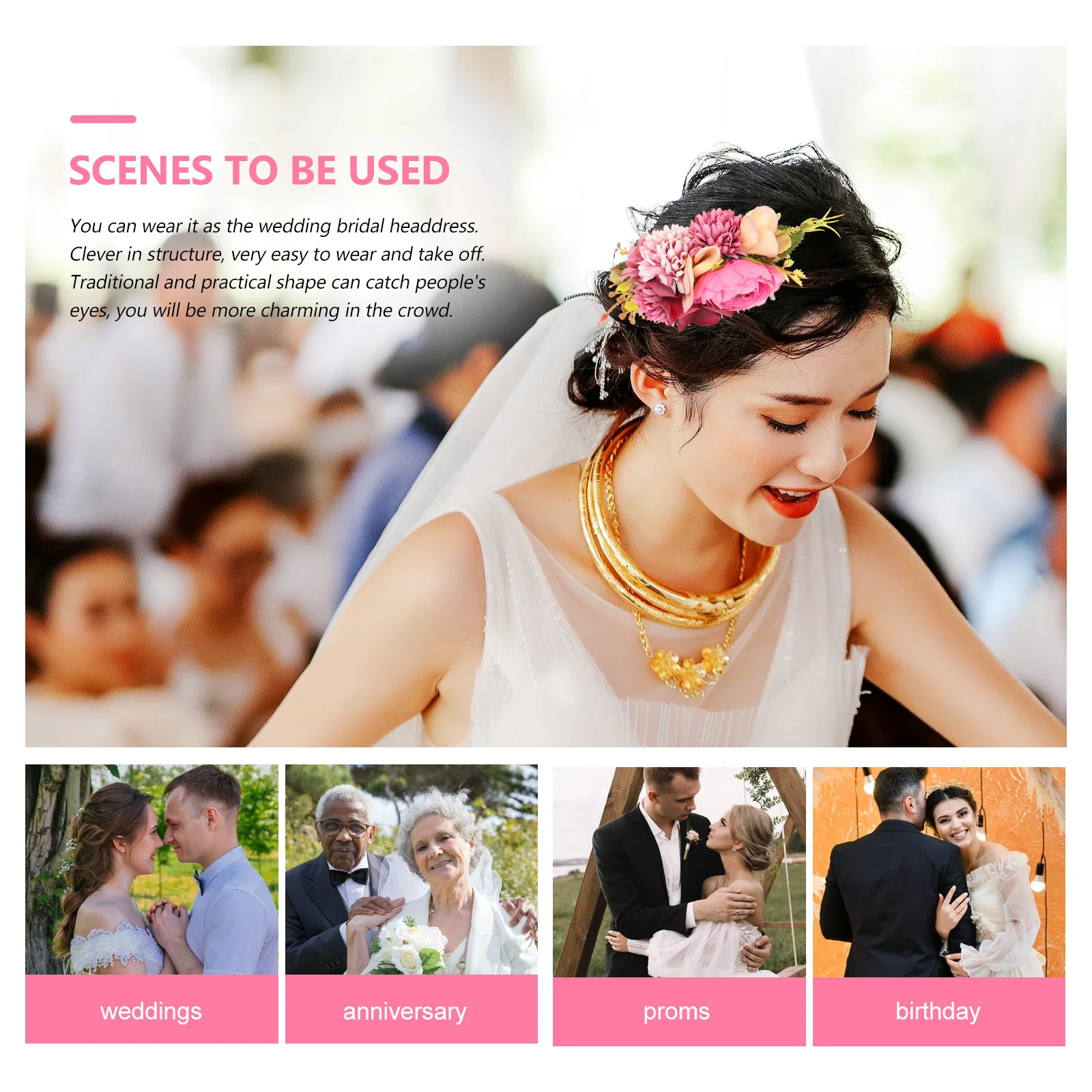 

Bridal Hair Comb with Rose Flower Design Premium Fabric Metal Decorative Hair Comb for Bride Wedding Headdress Fancy Event