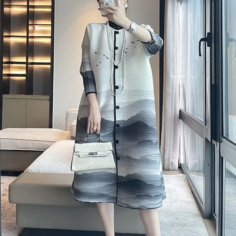 

Miyake Ретро платье с принтом тушью женский однобортный кардиган свободный тонкий большой размер французская элегантная эластичная длинная юбка