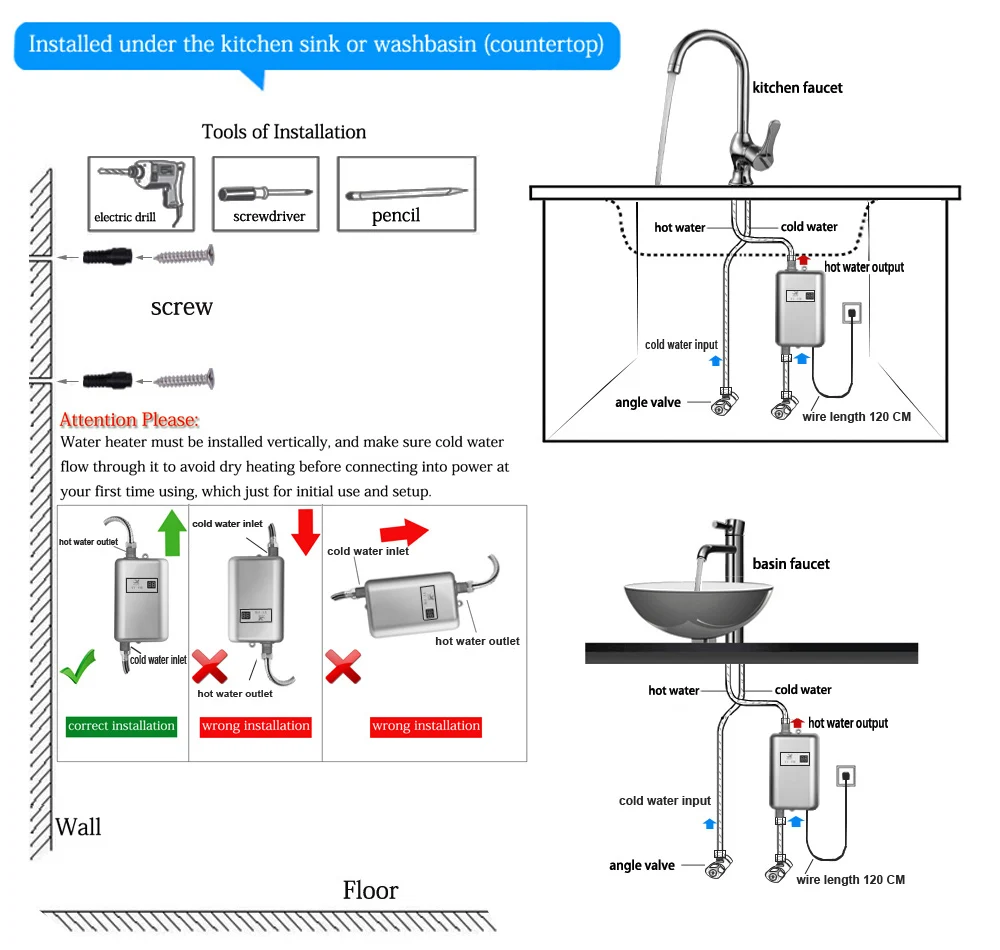 3800W Electric Water Heater Instantaneous Hot Shower Flow Fast Heating Kitchen Bathroom Stainless Steel Tankless Water Heater