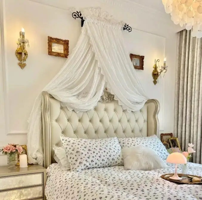 French bed curtain, princess lace decoration, headboard veil, crossed straight pole, simple door curtain