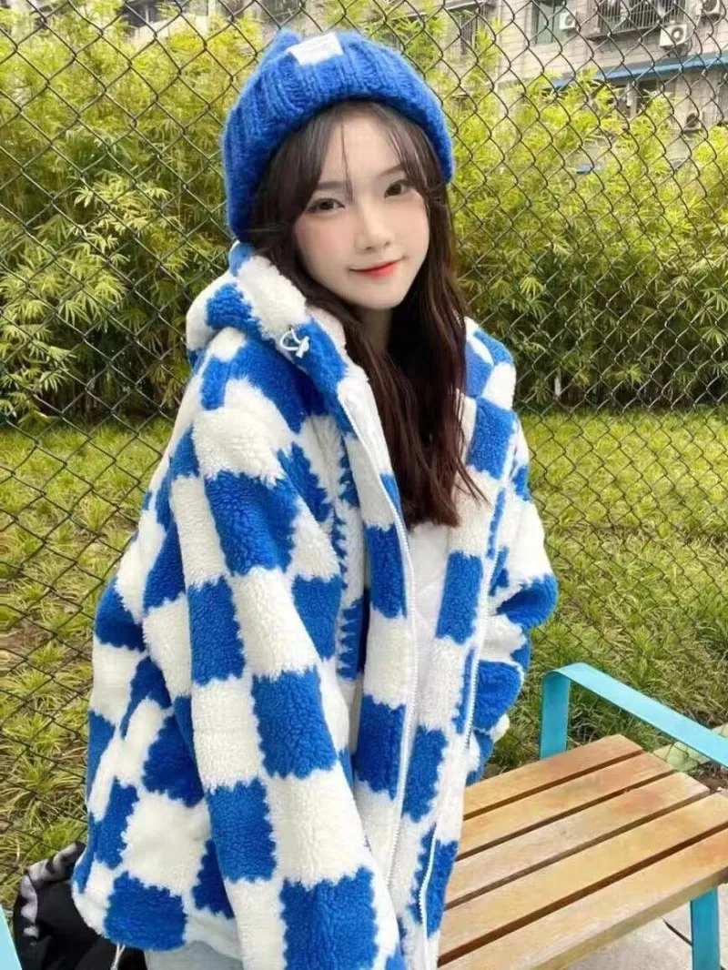 Blue Checkerboard Plaid Sweatshirts Women Fleece Loose Casual Hoodies Cute Girls All Match Autumn Winter Outwear Student Coats