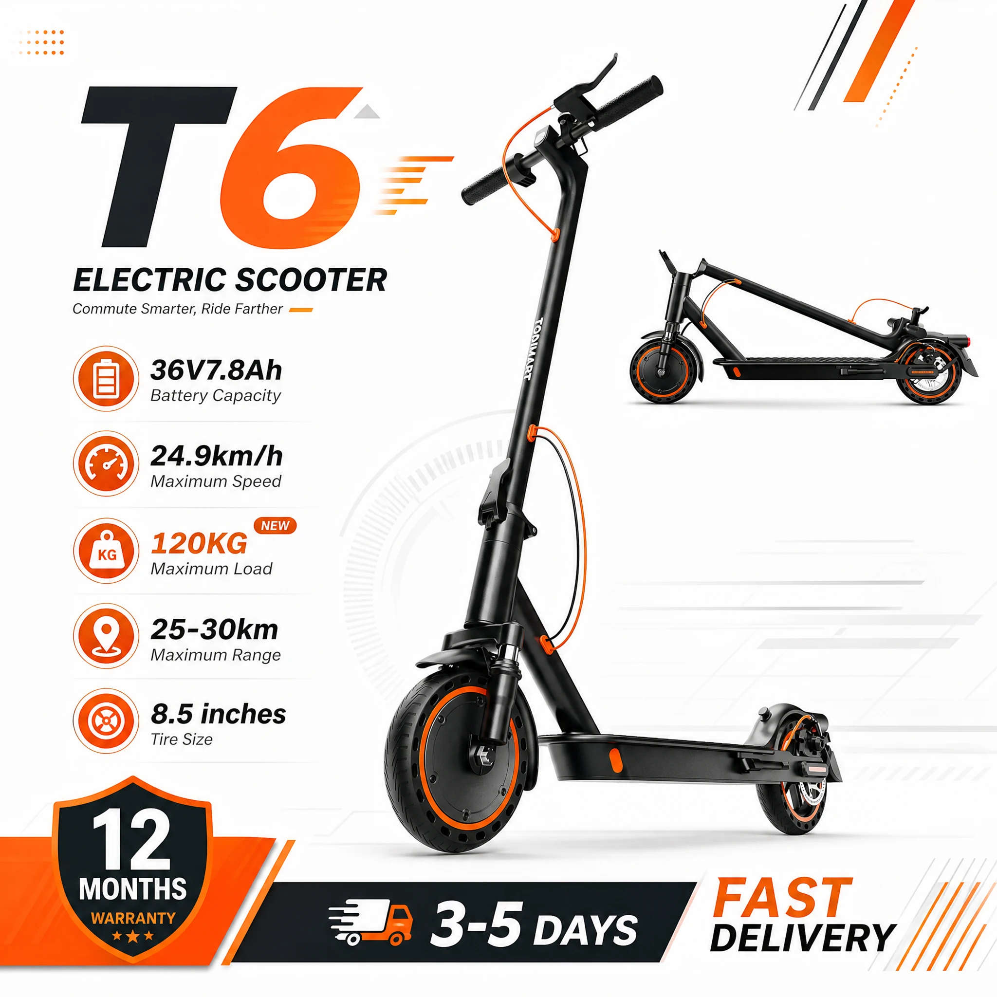 Monopattino elettrico Todimart T6 con batteria ricaricabile 36V 7.8Ah, autonomia massima 25Km, ricarica 3-4H, pieghevole, per adulti, con doppio freno, sospensione anteriore, 3 modalità, pneumatici a