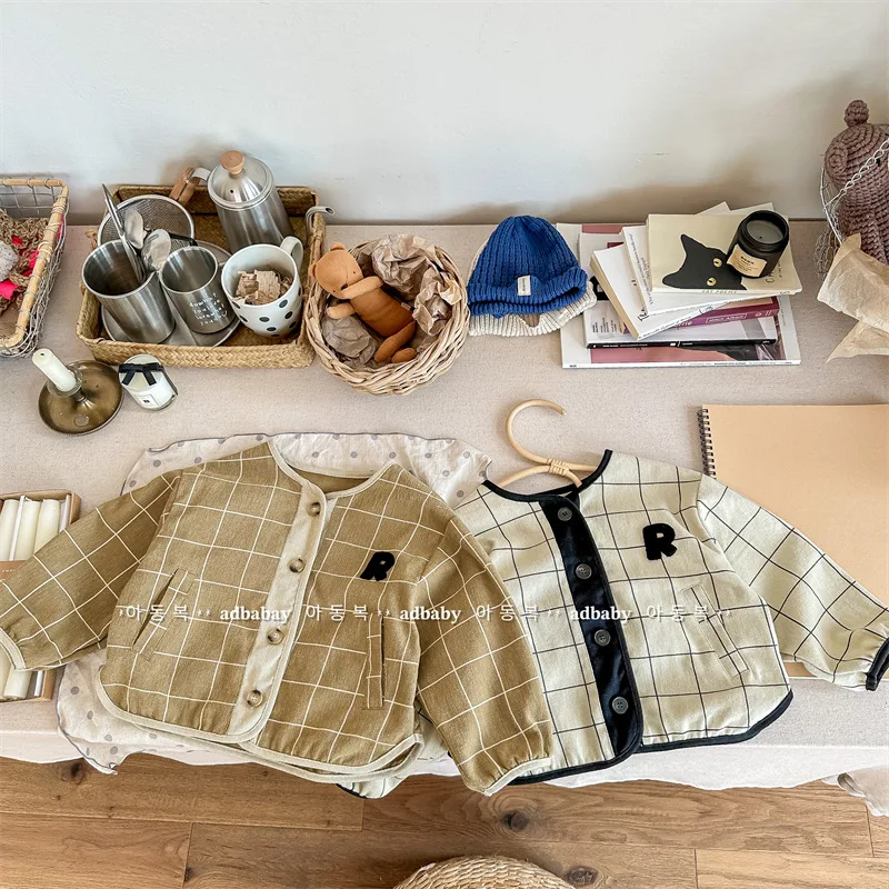Autumn Children Letter Print Coat Boys Girls Long Sleeve Plaid Jacket Cotton Baby Casual Cardigan Tops Fashion Kids Clothes 1-8Y