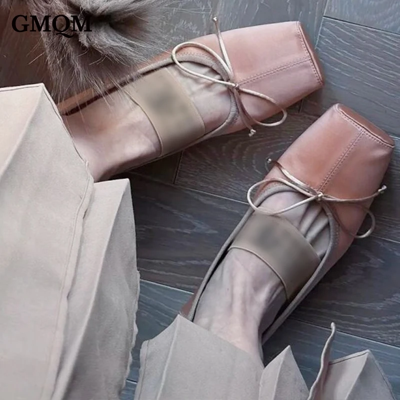 GMQM Fashion Mary Jane Ballet Flats Women Shoes Silk Satin Ballet Comfortable Soft Square Toe 2023 Bowknot Cute College Student