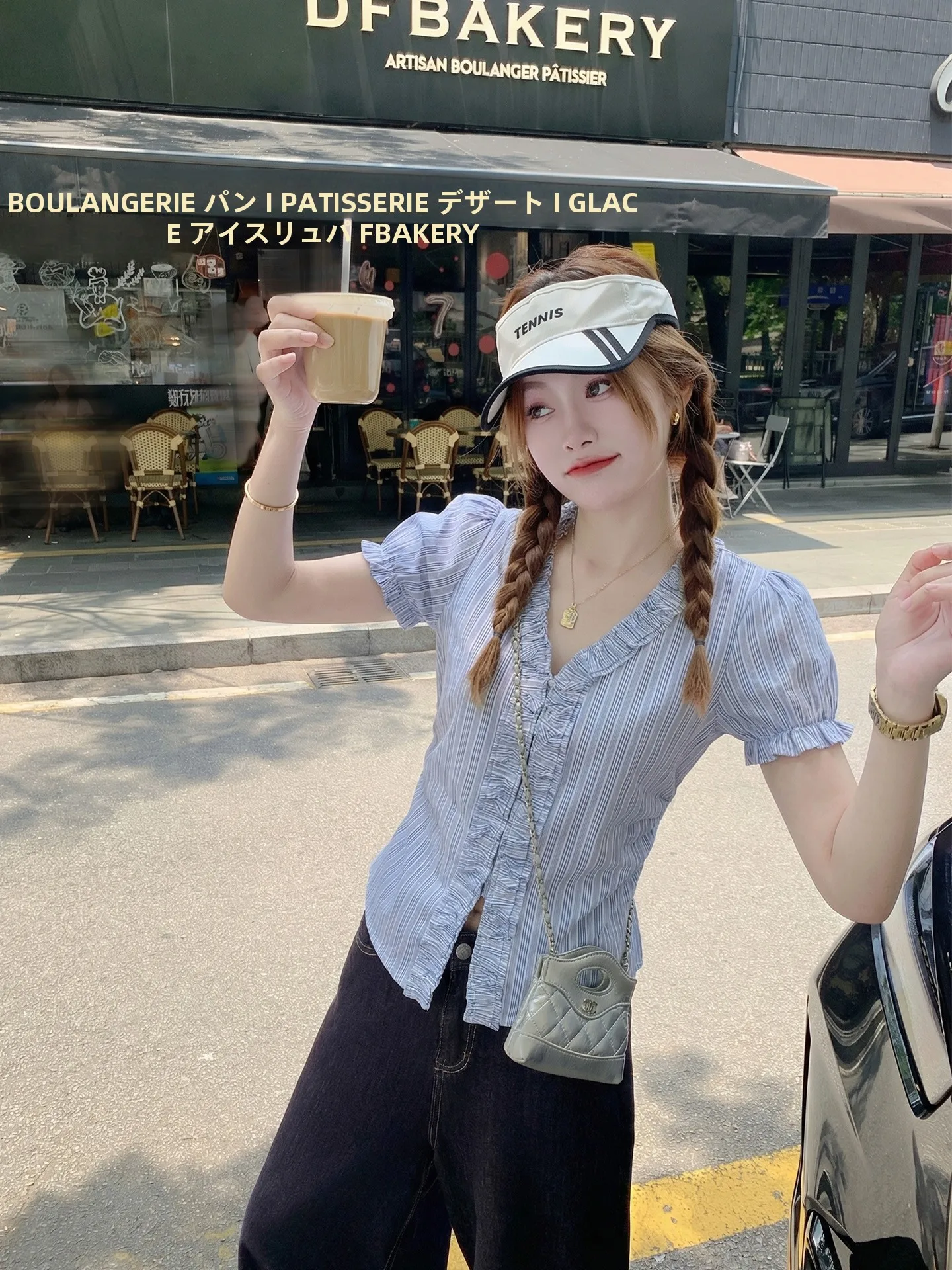 

Blue Striped V-Neck Short Sleeve Bubble Sleeve Shirt Women's Korean Style Summer New Small Size Blouse Top Commute Fashion