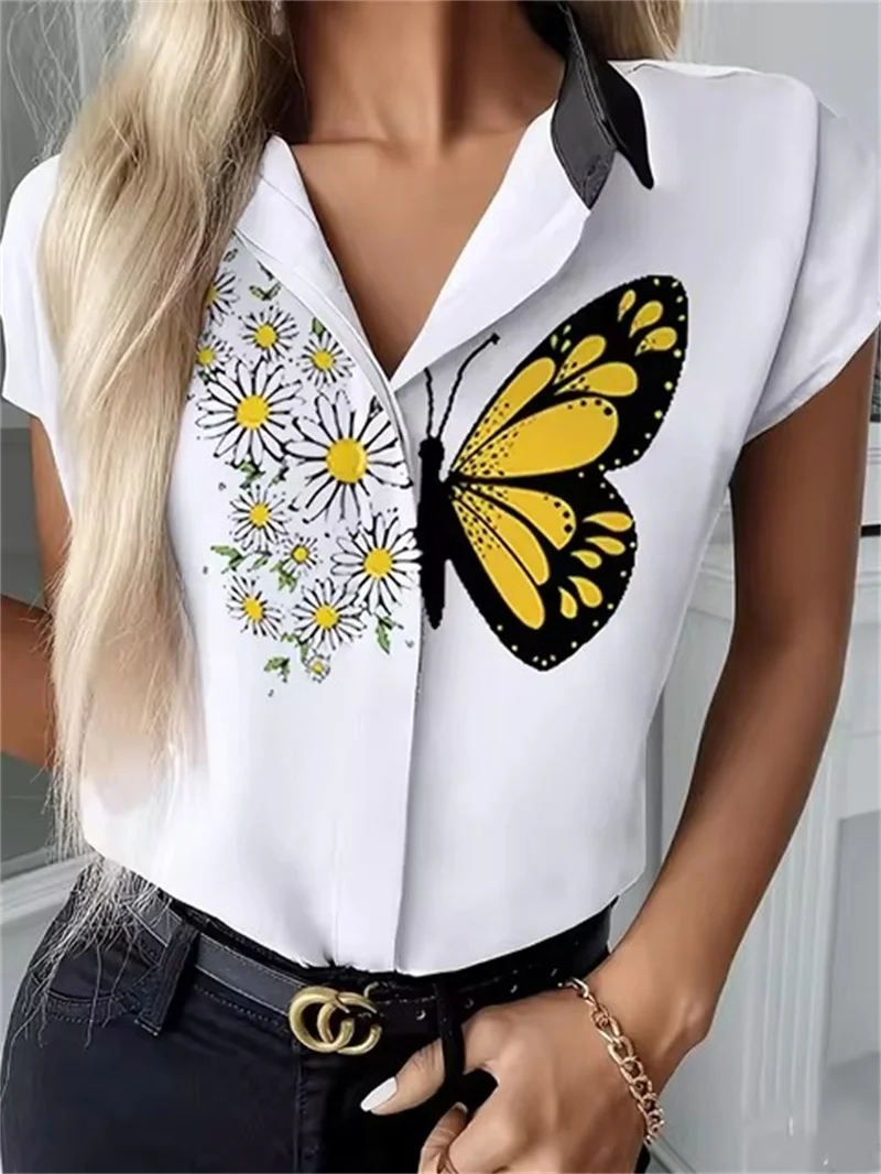 Fashion Cartoon Portrait Print Women\'s Shirt Black Splice Short Sleeve Button Shirt 2024 Spring & Summer Female Clothing Blouses