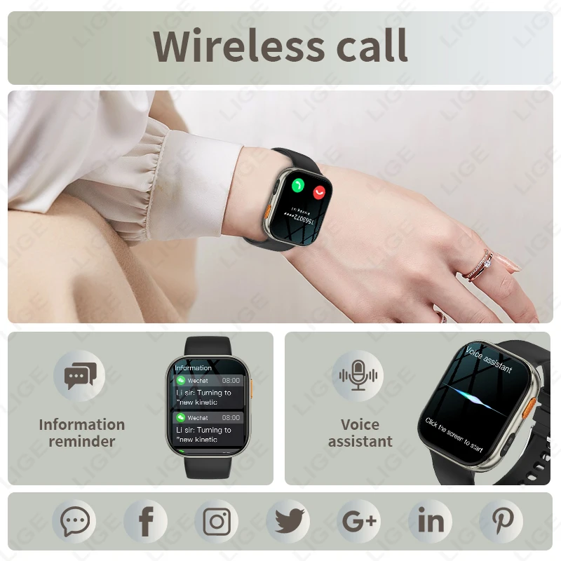 جديد LIGE ساعة ذكية مصباح ليد جيب 1000mAh بطارية 2.04 ''HD شاشة كبيرة التحكم بالموسيقى ساعة ذكية للرجال النساء أندرويد IOS